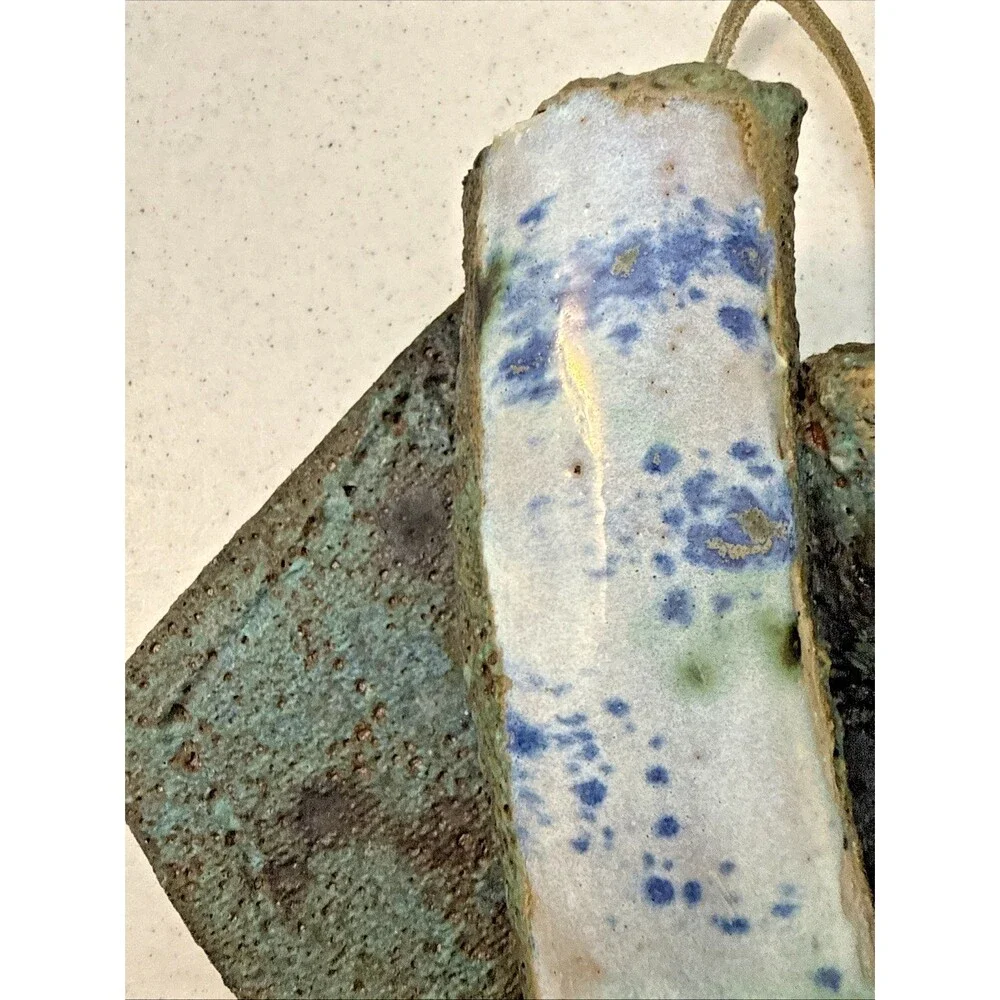Art Pottery Wall Triple Pocket Hand Made Blue Green Speckle Neutral 9” X 9.75”